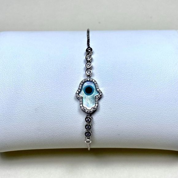 HAMSA 🪬 EVIL EYE 🧿 STERLING PLATED SLIDE CHAIN BRACELETS CZS FIRE OPAL CZS NWT - Picture 7 of 9